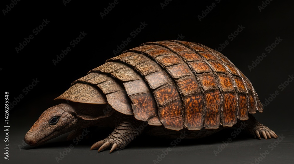 Fototapeta premium Three-banded armadillo walking, dark background, wildlife photography, nature stock