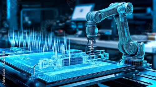 Obraz na płótnie Reinforced-frame robot conducting rotational analysis in a futuristic manufacturing facility w salonie