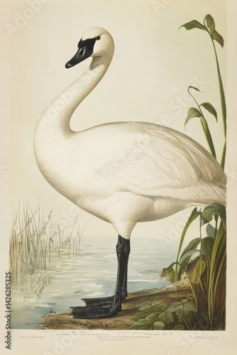 A highly detailed vintage scientific illustration of an swan, in the style of 19th century ornithological print, naturalistic pose, fine feather texture, soft pastel background with wetland scenery, a