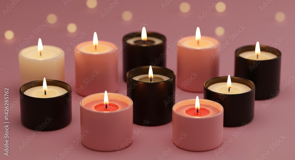 Lit Candles Arrangement in Pink and Black - An assortment of lit candles in pink and black containers arranged on a soft pink surface. Symbolizing peace, tranquility, romance, warmth, and comfort Lit Candles Arrangement in Pink and Black - An assortment of lit candles in pink and black containers arranged on a soft pink surface. Symbolizing peace, tranquility, romance, warmth, and comfort