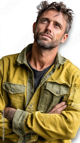 Pensive Man with Arms Crossed Studio Setting Portrait Photography Bright Background Thoughtful Expression