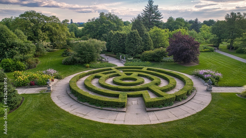 Decorative hedge maze in a formal park setting viewed from above Decorative hedge maze in a formal park setting viewed from above