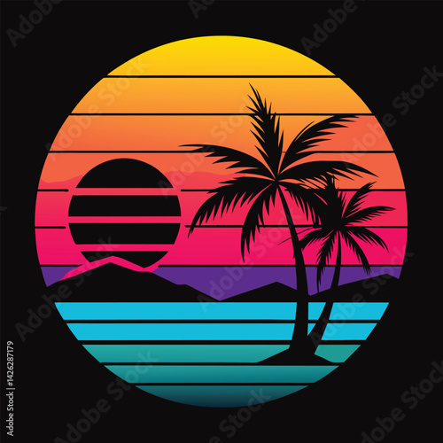 A tropical beach sunset silhouettes a lone figure near palm trees under a vibrant summer sky