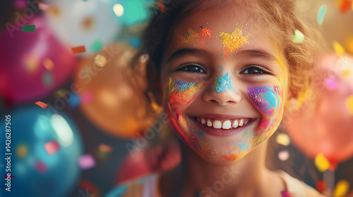 A joyful child with colorful face paint and rainbow balloons, celebrating the happiness of International Children's Day