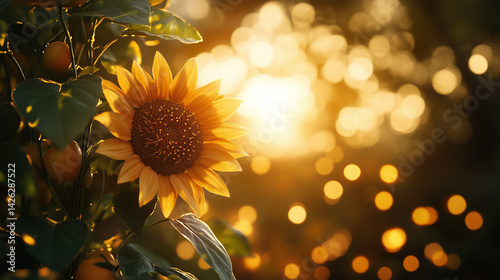 Golden sunflower wreath with fresh leaves, bathed in soft morning light. Radiant summer solstice serenity.
