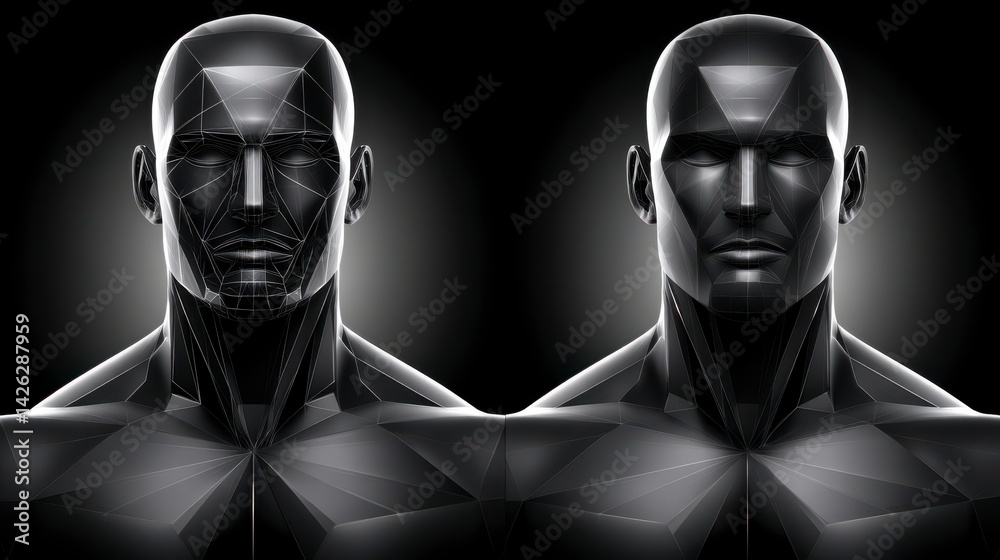 Geometric Black Humanoid Figures with Shiny Surfaces and Soft Lighting in Dark Environment Geometric Black Humanoid Figures with Shiny Surfaces and Soft Lighting in Dark Environment