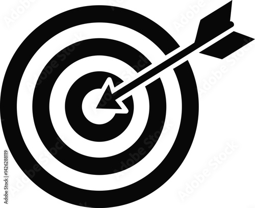 Target with Arrow Icon: A striking black and white icon depicting a classic archery target with an arrow perfectly centered in the bullseye. The minimalist design conveys a sense of precision.