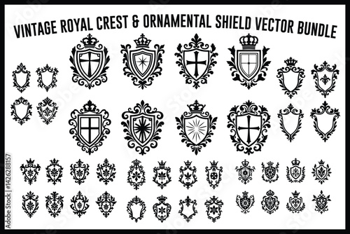 Royal Crest & Vintage Heraldic Shield Vector Bundle | Ornamental Coat of Arms Set