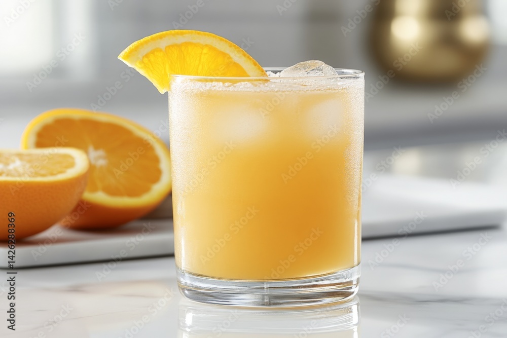 Refreshing orange drink served in a glass with ice and a slice of orange on the rim Refreshing orange drink served in a glass with ice and a slice of orange on the rim