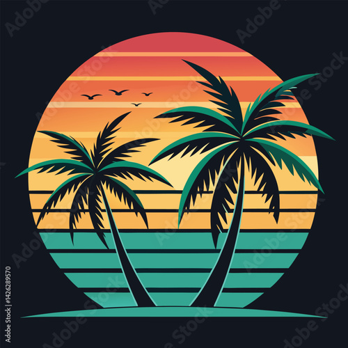 A tropical beach sunset silhouettes a lone figure near palm trees under a vibrant summer sky