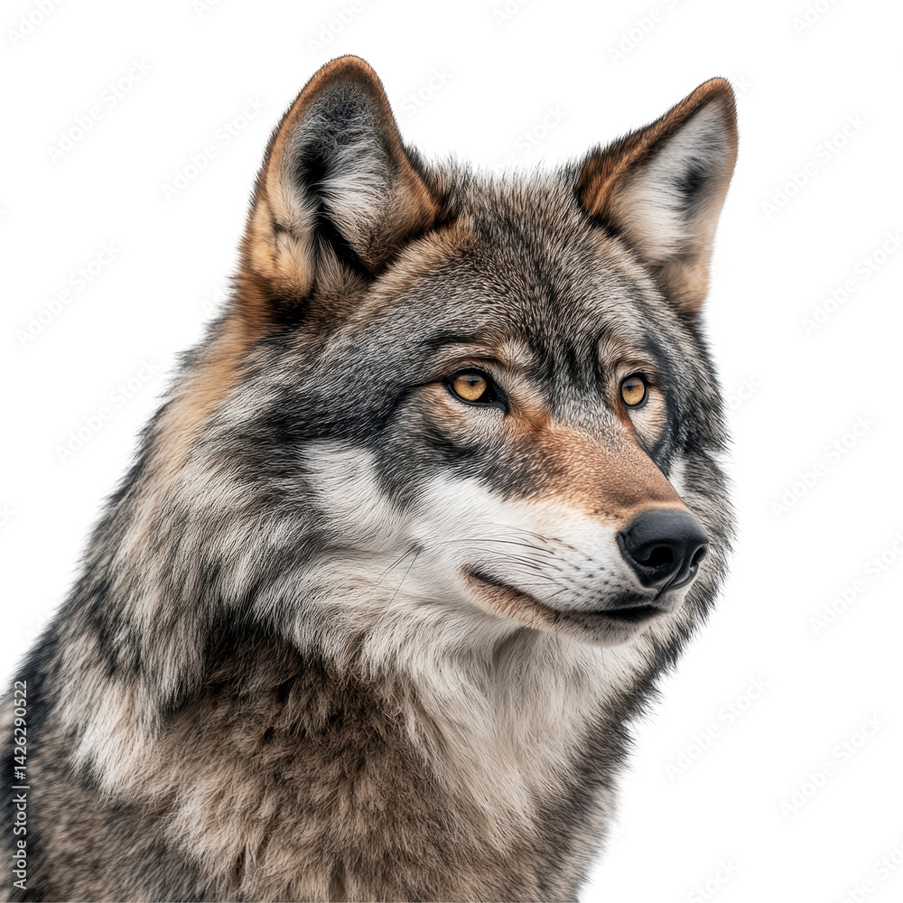 Fototapeta premium Wolf portrait showcasing detailed fur and expressive eyes set against a plain background in a natural light environment