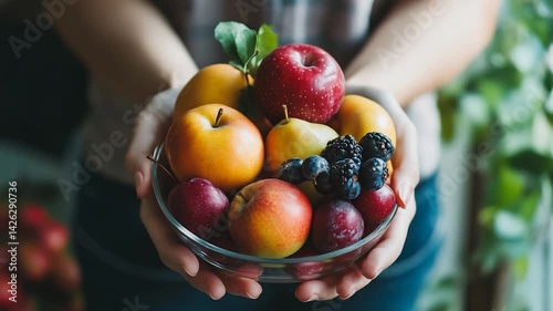 A person holding a bowl of assorted fresh fruits in a cozy kitchen