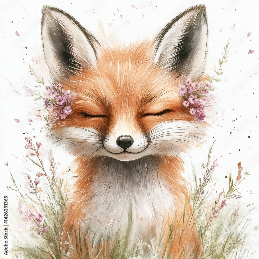 Obraz premium Watercolor Fox Portrait with Floral Crown