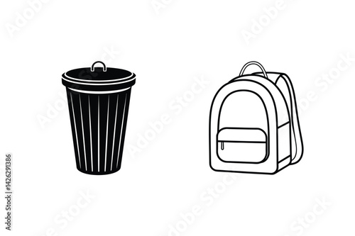 Black And White Vector Illustration Of Backpack And Trash Bin Icon Design