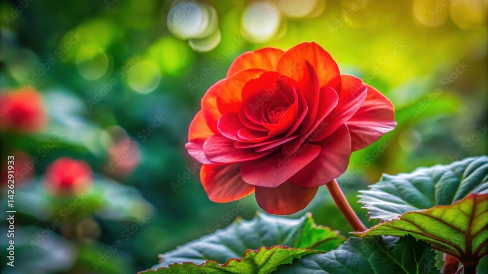 Vibrant Red Flower Blossom in Lush Green Foliage Vibrant Red Flower Blossom in Lush Green Foliage