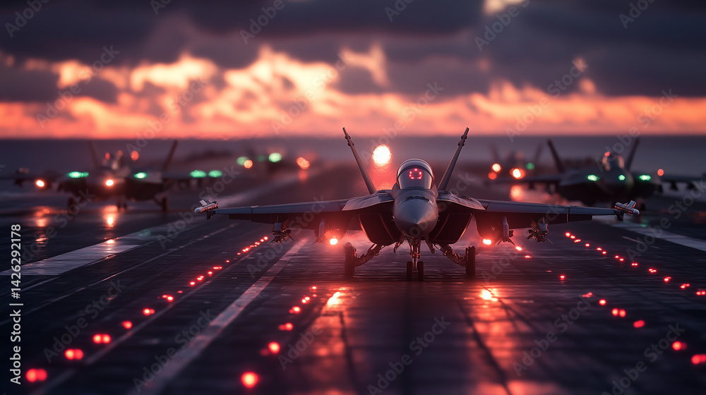 Combat jets take off from aircraft carrier deck, glowing HUDs reflect next-gen targeting systems, sea and sky seamlessly connected