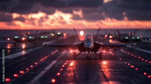 Obraz na płótnie Combat jets take off from aircraft carrier deck, glowing HUDs reflect next-gen targeting systems, sea and sky seamlessly connected w salonie