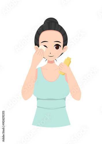 Illustration of a woman cleaning her face with micellar water