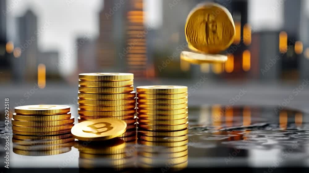Gold coins falling onto stacked piles, city background, concept