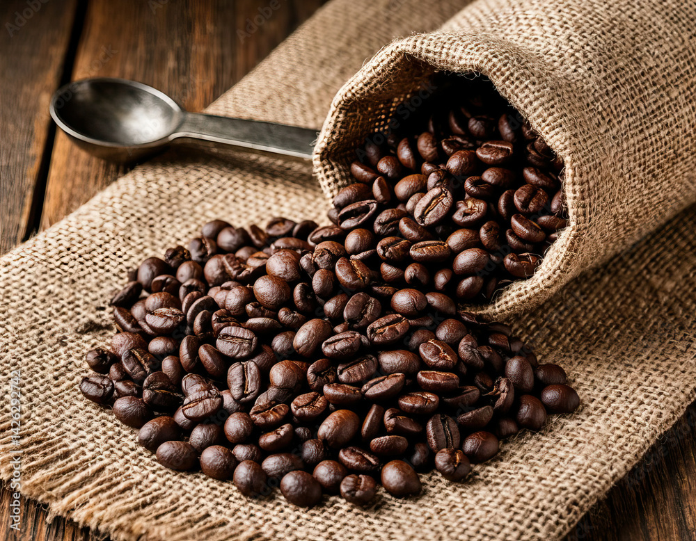 Fototapeta premium Flat Lay of Coffee Beans with Burlap and Metal Scoop