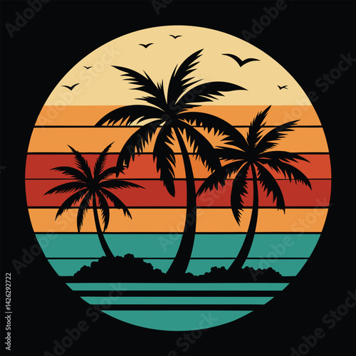A tropical beach sunset silhouettes a lone figure near palm trees under a vibrant summer sky