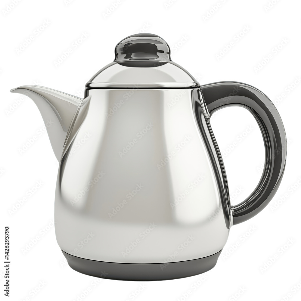 Fototapeta premium Stainless Steel Electric Kettle: A gleaming stainless steel electric kettle with a sleek design, a black handle, and a matching black lid, poised to bring your favorite beverage to a perfect boil.