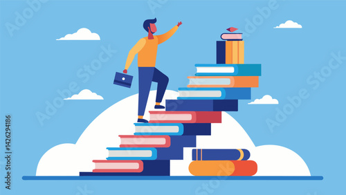 A person balancing on top of a stack of books which begin to form into a staircase leading upwards symbolizing the power of the mind to acquire. Vector illustration