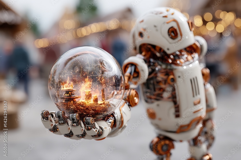Fototapeta premium Robot holds glowing glass orb with fiery scene inside at a festive outdoor market during twilight