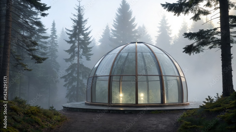 Fototapeta premium A serene glass dome structure nestled in a misty forest, surrounded by tall trees, creating a tranquil and mystical atmosphere.