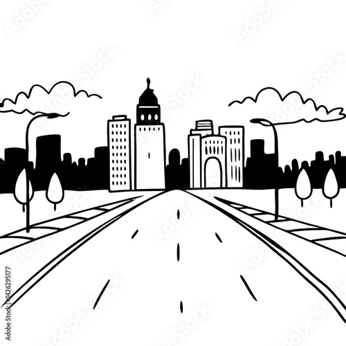 City skyline illustration depicting a road with buildings  