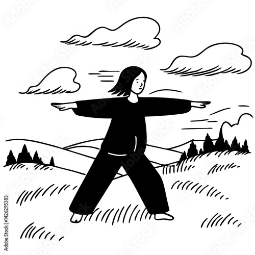 Woman practicing Tai Chi in nature with serene landscape  