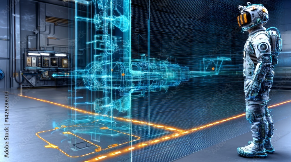 Futuristic android with faceplate reviewing holographic transport design in innovative tech lab