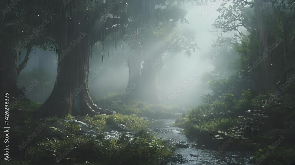 Misty Forest Creek With Sunlight Streaming Through Misty Forest Creek With Sunlight Streaming Through