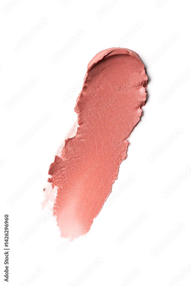 Fototapeta premium Nude pink lipstick smear close-up with glossy creamy texture on white background