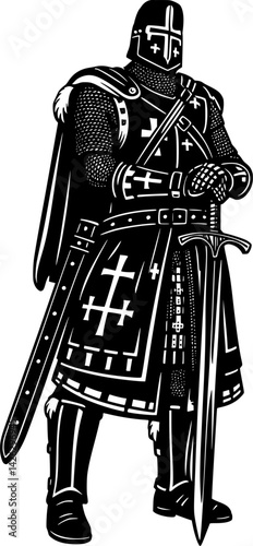 Jerusalem Templar Knight Vector Illustration – Epic Medieval Crusader in Armor with Sword and Cross Emblem – Detailed Black and White Hand-Drawn Style for Historical and Fantasy Designs