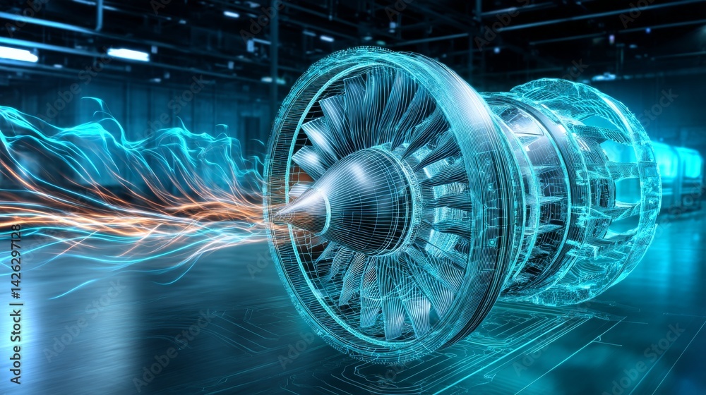Dynamic hologram of a turbine showcasing advanced technology in a futuristic manufacturing facility