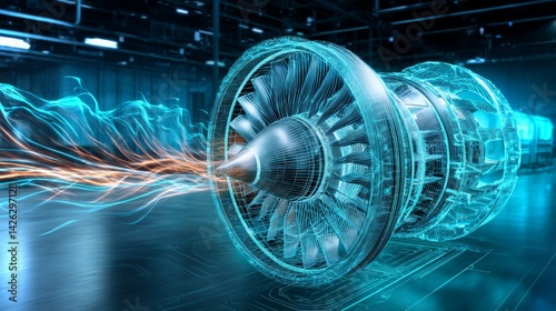 Obraz na płótnie Dynamic hologram of a turbine showcasing advanced technology in a futuristic manufacturing facility w salonie