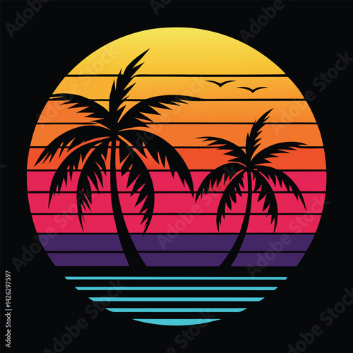 A tropical beach sunset silhouettes a lone figure near palm trees under a vibrant summer sky
