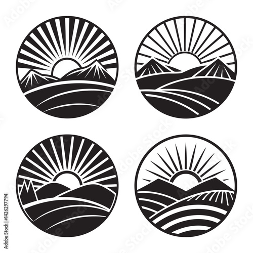 Radiant sunrise behind mountain peak vector illustration