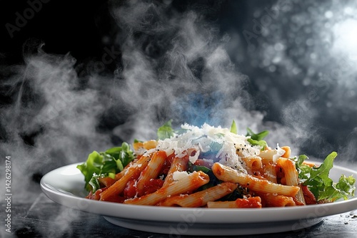 Penne pasta in a blue tinged steaming red tomat
