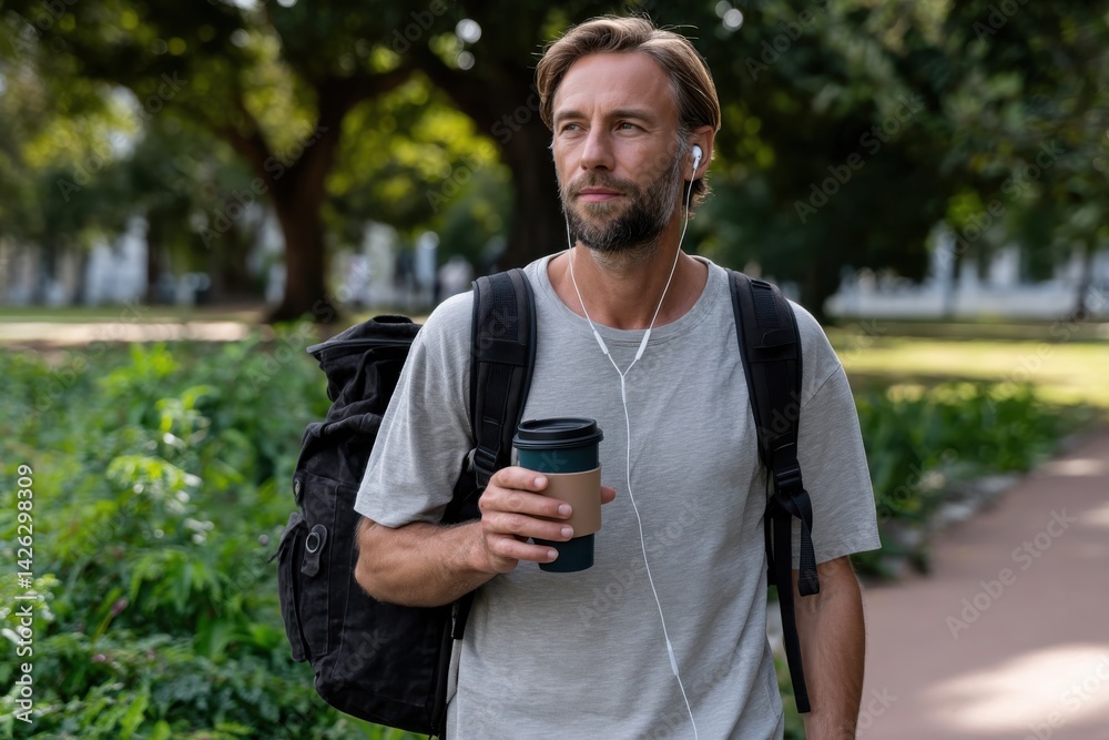 A thoughtful man strolls through a lush park, sipping coffee and listening to music, embodying a serene moment of relaxation and urban exploration in nature. A thoughtful man strolls through a lush park, sipping coffee and listening to music, embodying a serene moment of relaxation and urban exploration in nature.