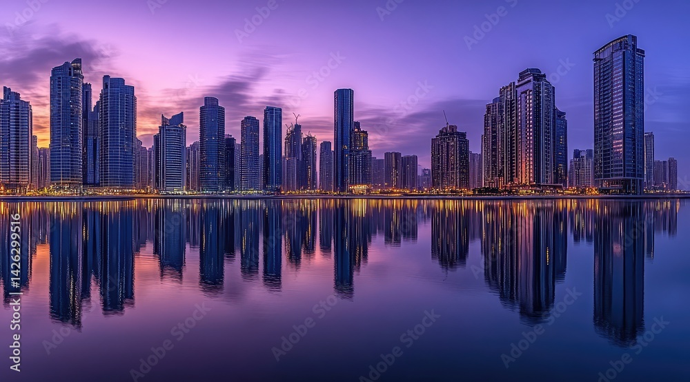Obraz premium Serene cityscape at dawn, mirrored in calm waters. Sky hues paint a vibrant backdrop