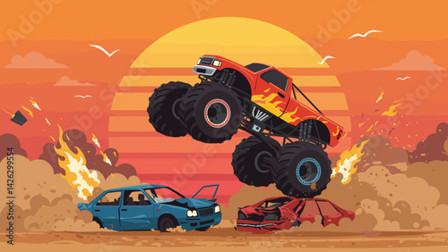 Vector illustration of a monster truck jumping over crushed cars with explosions and a sunset background
