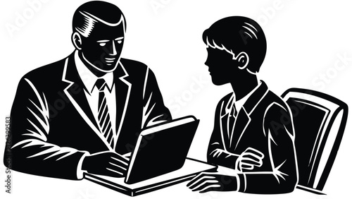 Business meeting illustration two professionals in suits discussing strategy using laptop computer