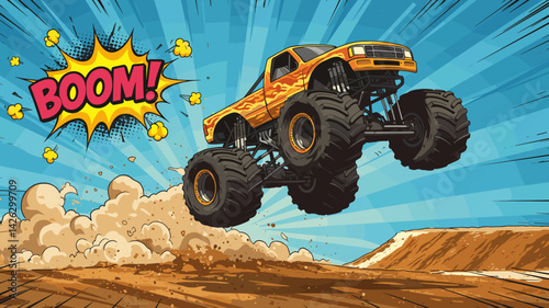 Vector illustration of a monster truck jumping with a comic style "BOOM!" and dust clouds on a bright background