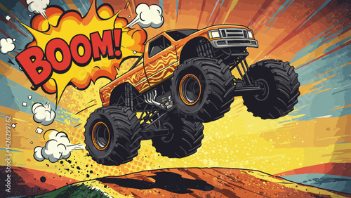 Vector illustration of a monster truck leaping with a comic-style "BOOM!" and dynamic effects on a colorful background