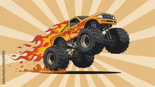 Vector illustration of a monster truck jumping with flames and bold rays on a retro background
