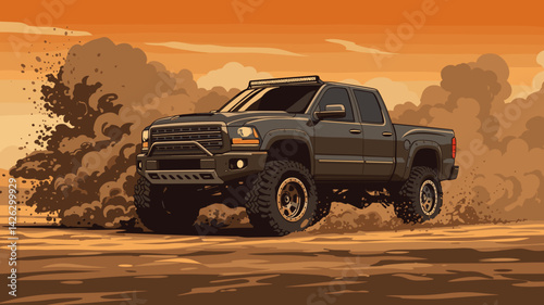 Vector illustration of a dark off-road pickup truck driving through dirt with dust clouds on a sunset background