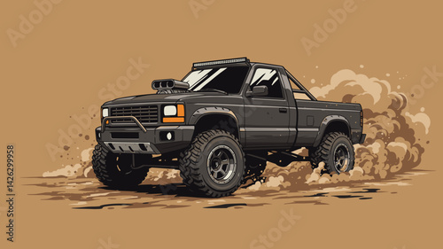 Vector illustration of a modified off-road pickup truck kicking up dust while driving on a warm background