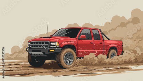 Vector illustration of a red off-road pickup truck driving through mud with dust clouds on a light background